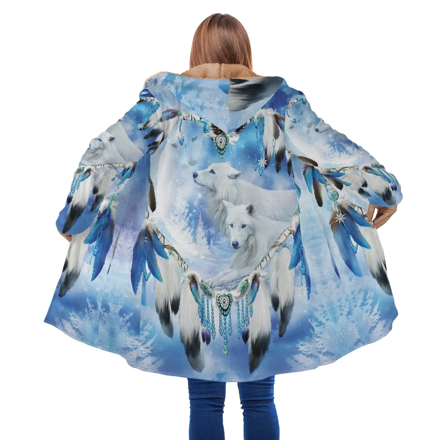 White Wolf Feather Horn Button Long Fleece Windbreaker WCS