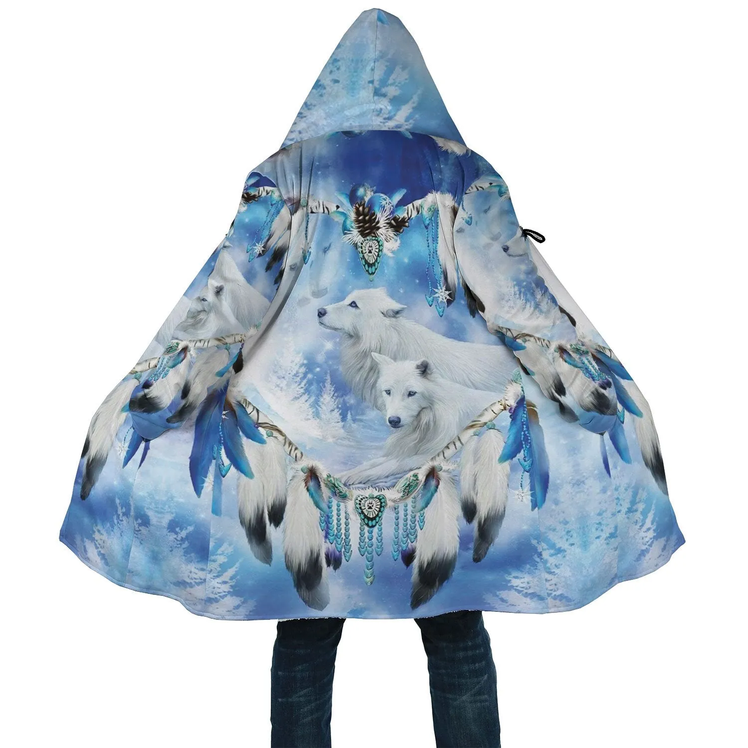 White Wolf Feather Horn Button Long Fleece Windbreaker WCS