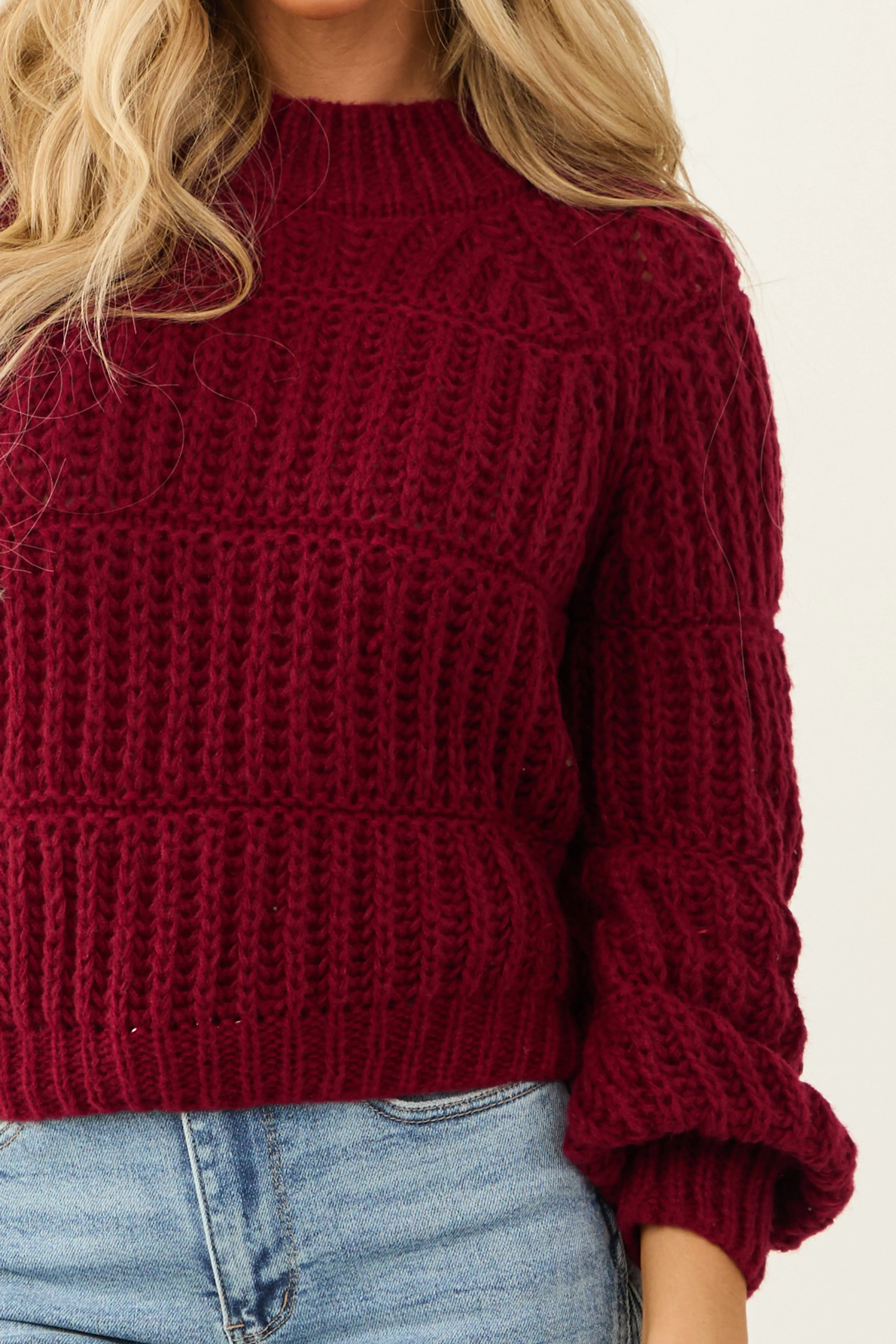 Wine Chunky Knit Mixed Weave Sweater