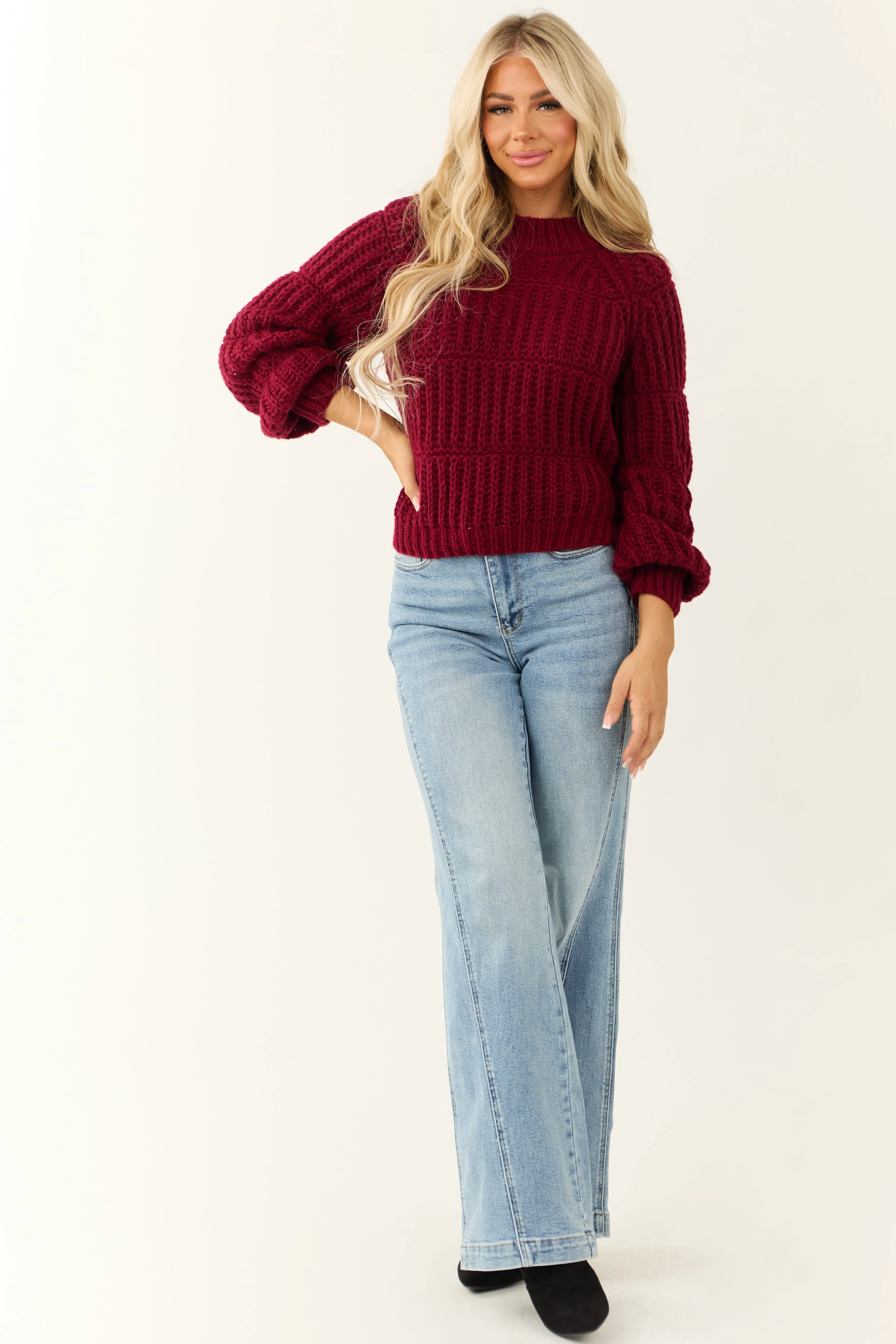 Wine Chunky Knit Mixed Weave Sweater