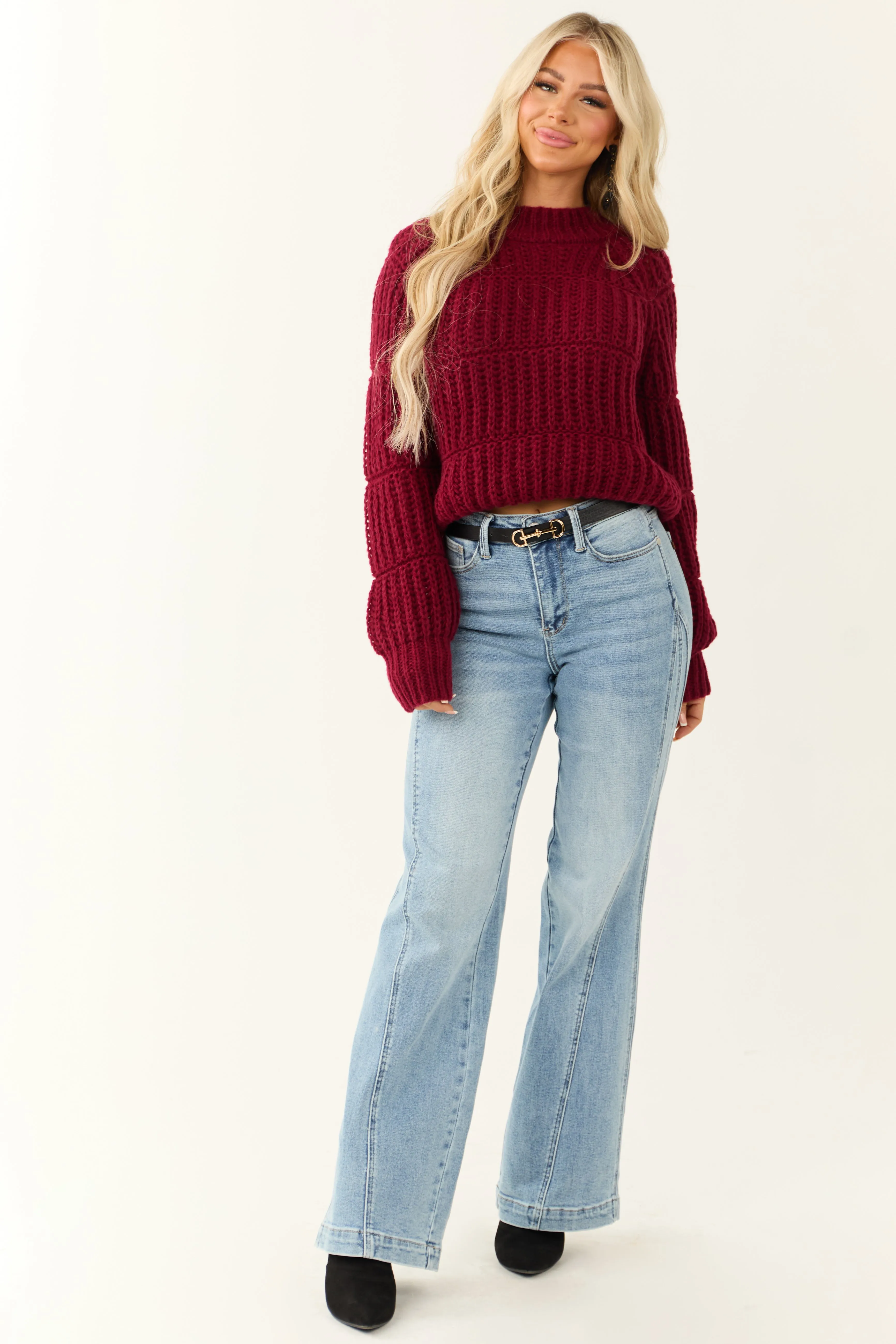 Wine Chunky Knit Mixed Weave Sweater