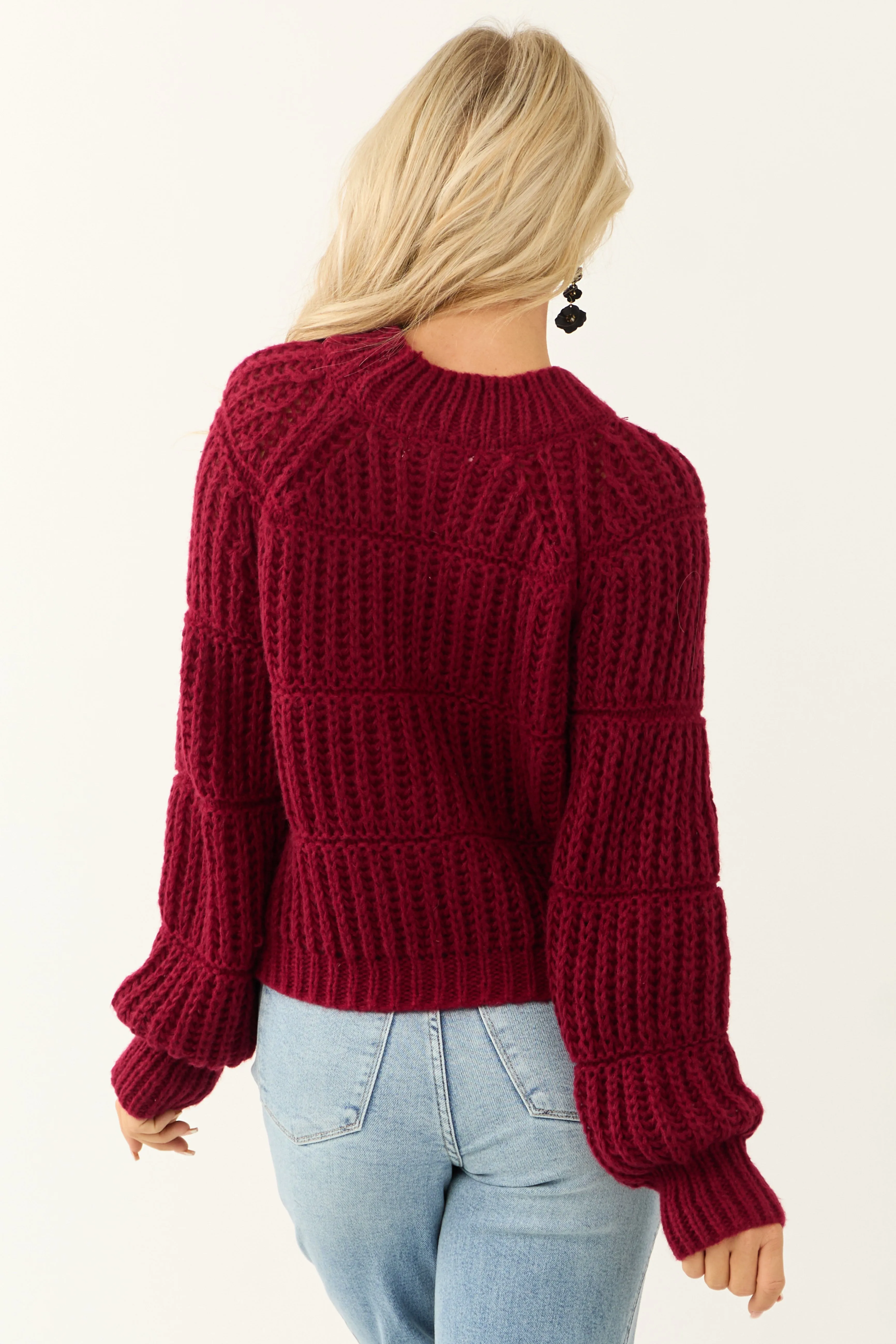 Wine Chunky Knit Mixed Weave Sweater