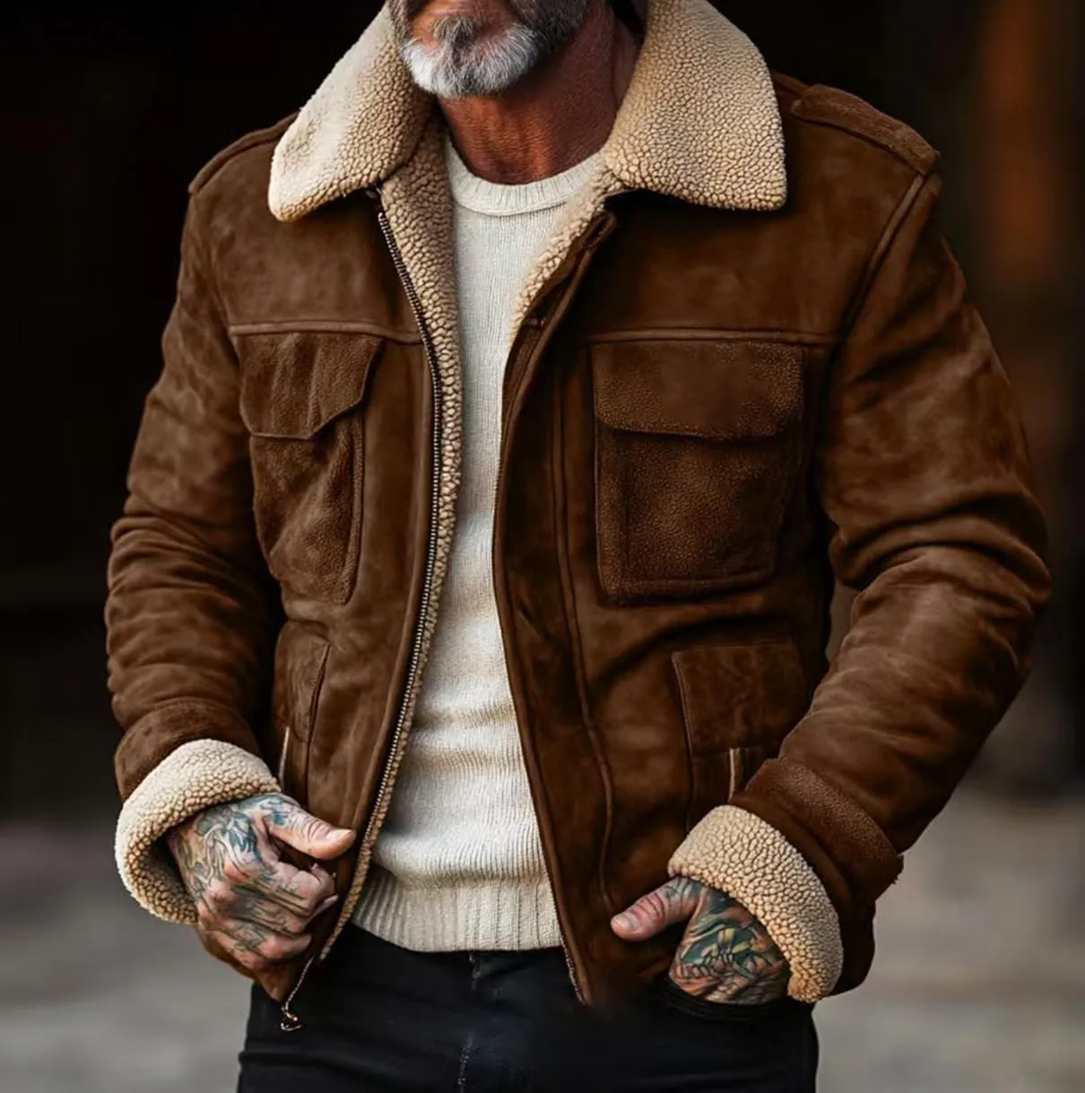 Winter Jacket for Men Warm Fleece Lined Sherpa Jacket Vintage Business Casual Bomber Jacket Coats