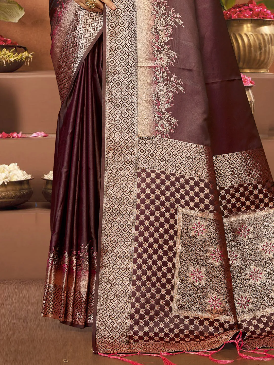 Women Brown Satin Silk Saree With Un Stitched Blouse
