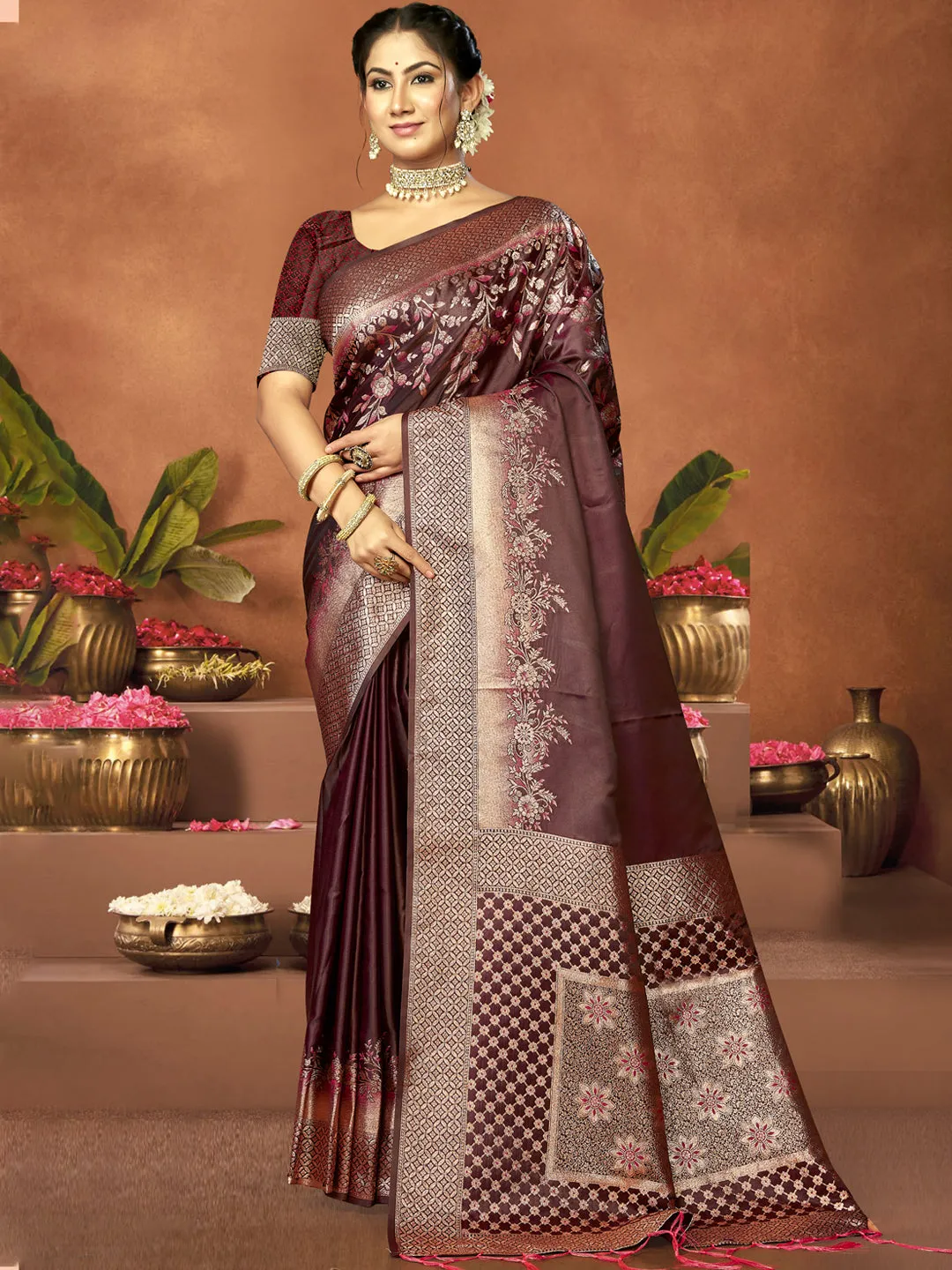 Women Brown Satin Silk Saree With Un Stitched Blouse