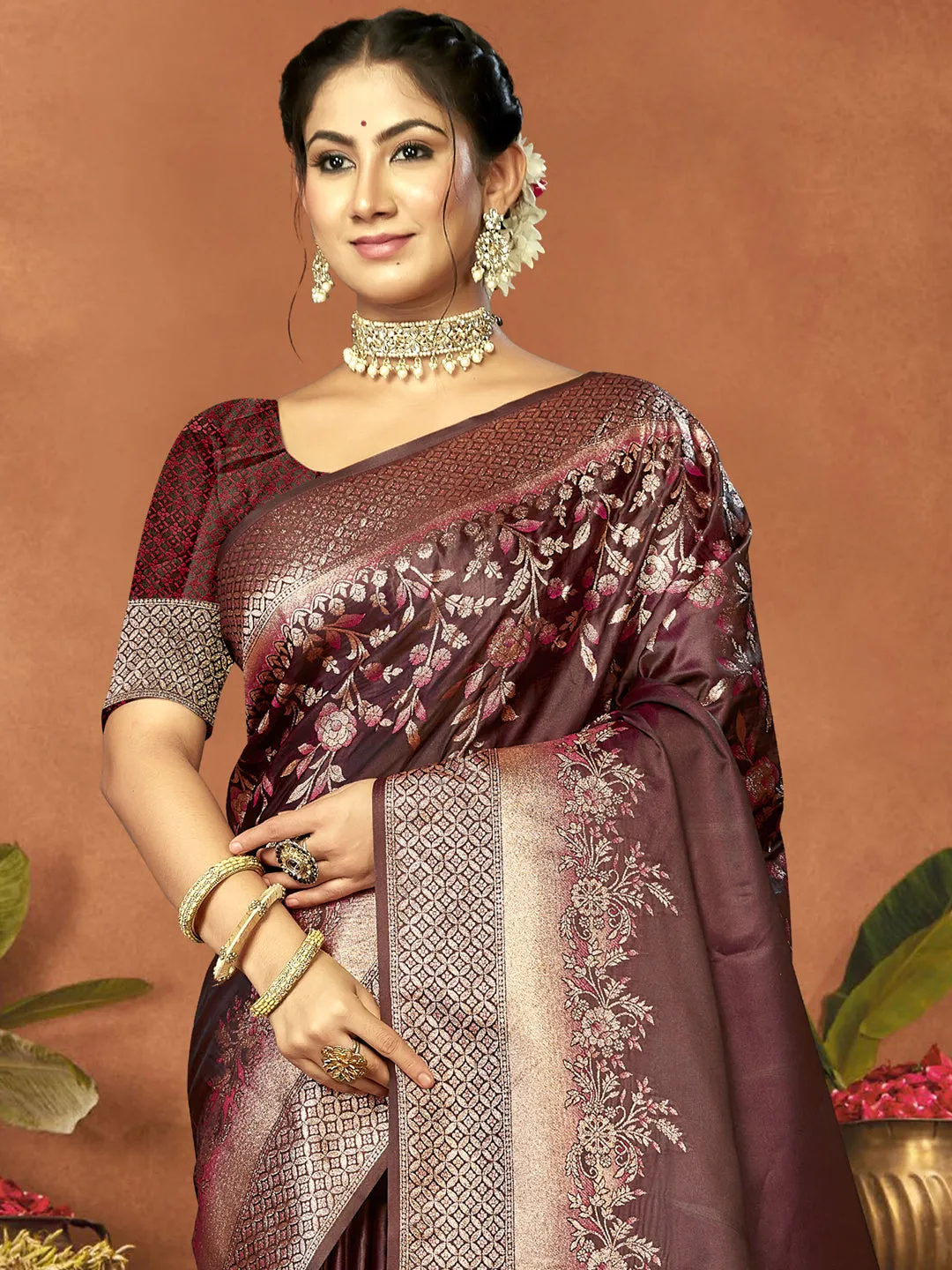 Women Brown Satin Silk Saree With Un Stitched Blouse