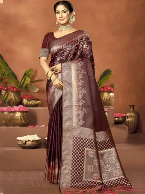 Women Brown Satin Silk Saree With Un Stitched Blouse