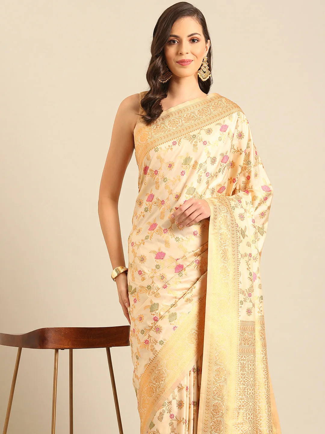Women Cream Banarasi Silk Saree With Un Stitched Blouse