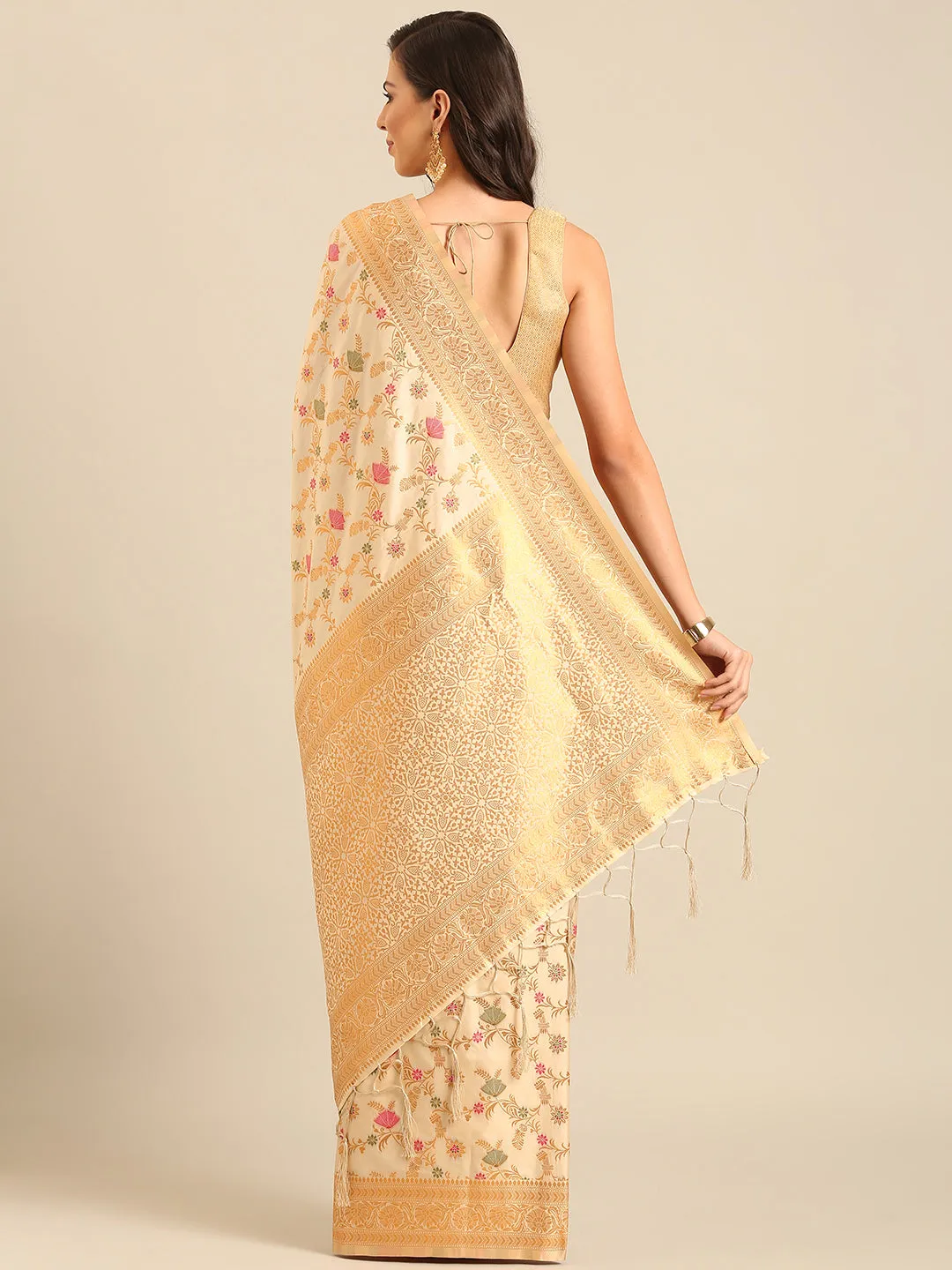 Women Cream Banarasi Silk Saree With Un Stitched Blouse