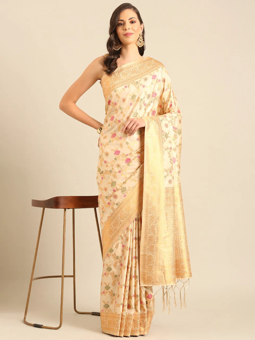 Women Cream Banarasi Silk Saree With Un Stitched Blouse
