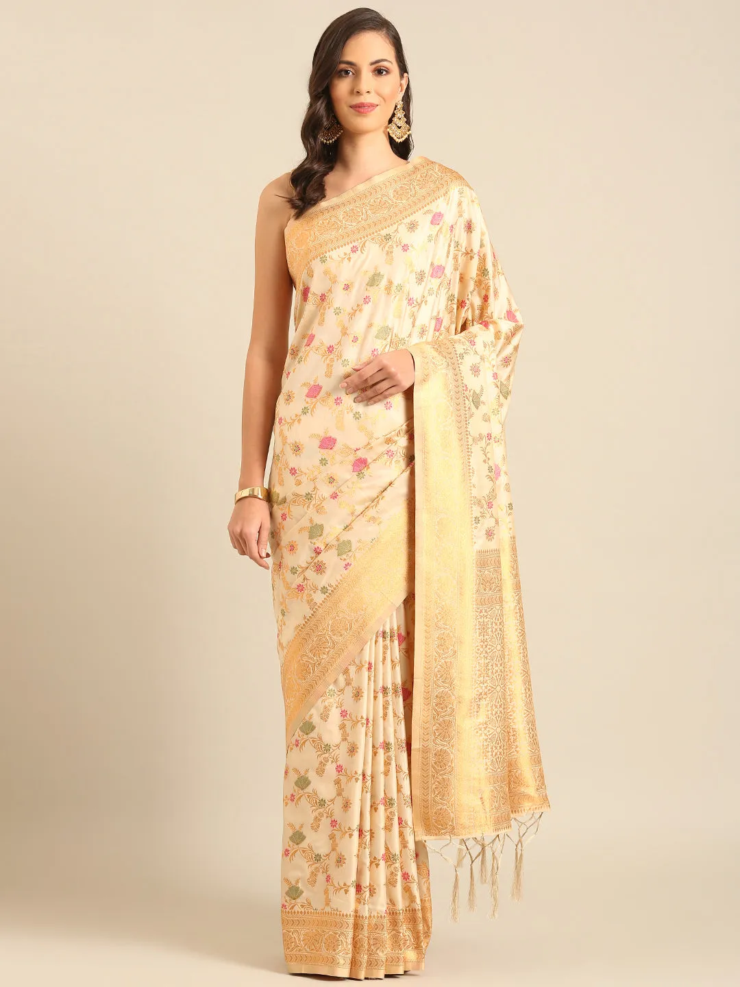 Women Cream Banarasi Silk Saree With Un Stitched Blouse