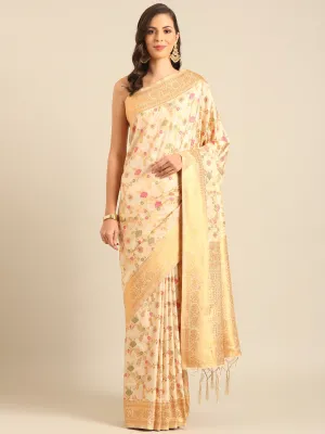 Women Cream Banarasi Silk Saree With Un Stitched Blouse