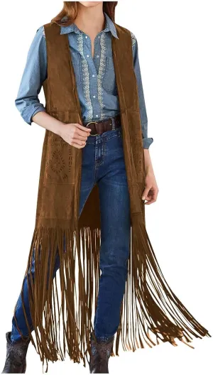 Women Fashion Faux Suede Tassel Long Jacket Sleeveless Fringe Coat Hippie Jacket Tops with Pockets