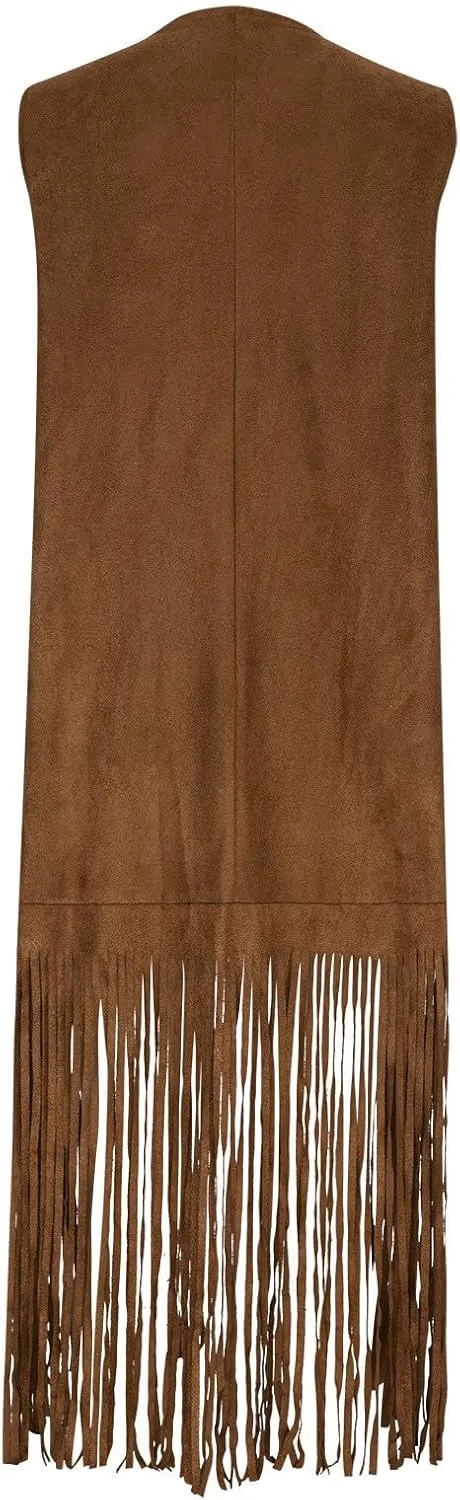 Women Fashion Faux Suede Tassel Long Jacket Sleeveless Fringe Coat Hippie Jacket Tops with Pockets