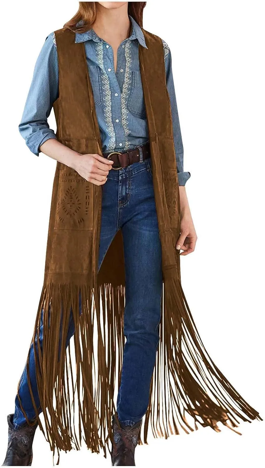 Women Fashion Faux Suede Tassel Long Jacket Sleeveless Fringe Coat Hippie Jacket Tops with Pockets