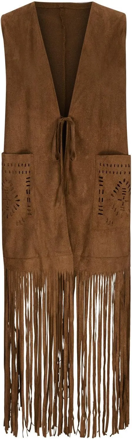 Women Fashion Faux Suede Tassel Long Jacket Sleeveless Fringe Coat Hippie Jacket Tops with Pockets