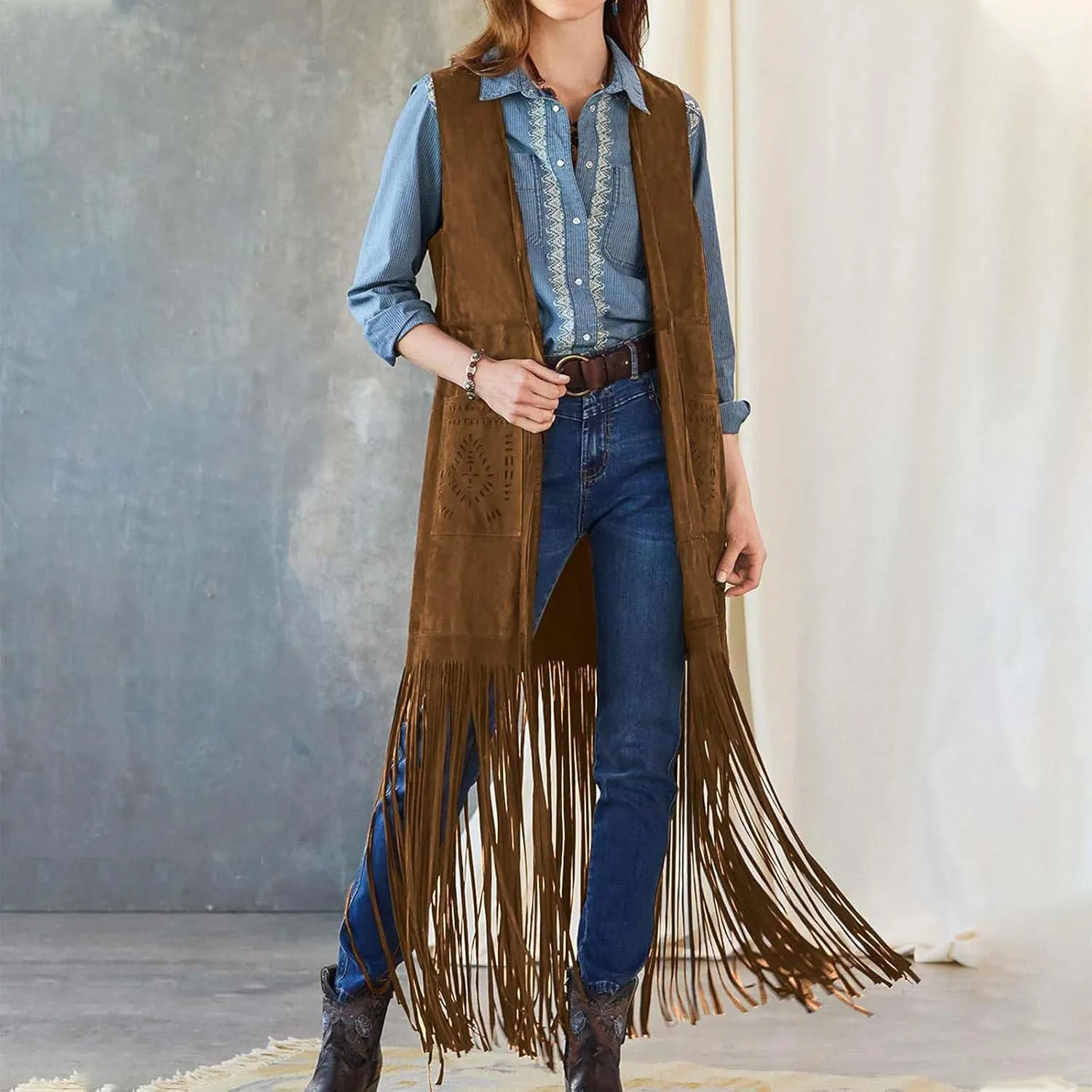 Women Fashion Faux Suede Tassel Long Jacket Sleeveless Fringe Coat Hippie Jacket Tops with Pockets