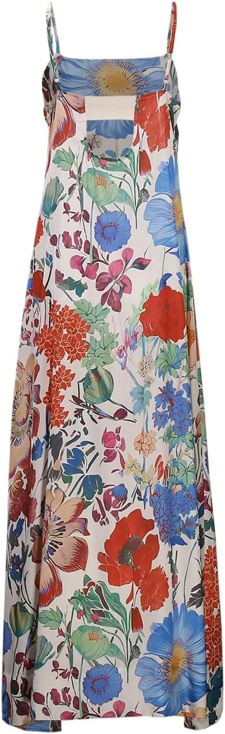 Women Floral Boho Maxi Dress Spaghetti Strap Backless A-Line Long Flowy Dresses Sleeveless Back Cut Out Sundresses