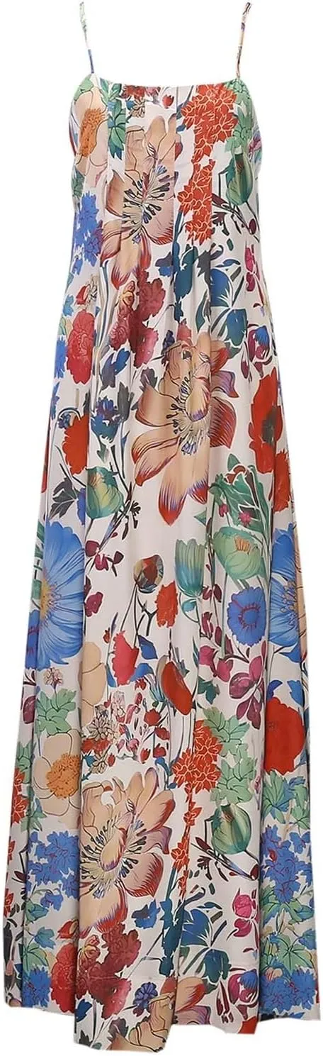 Women Floral Boho Maxi Dress Spaghetti Strap Backless A-Line Long Flowy Dresses Sleeveless Back Cut Out Sundresses