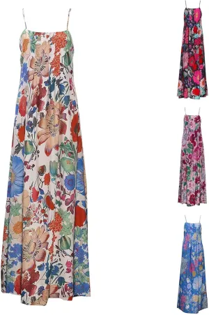 Women Floral Boho Maxi Dress Spaghetti Strap Backless A-Line Long Flowy Dresses Sleeveless Back Cut Out Sundresses