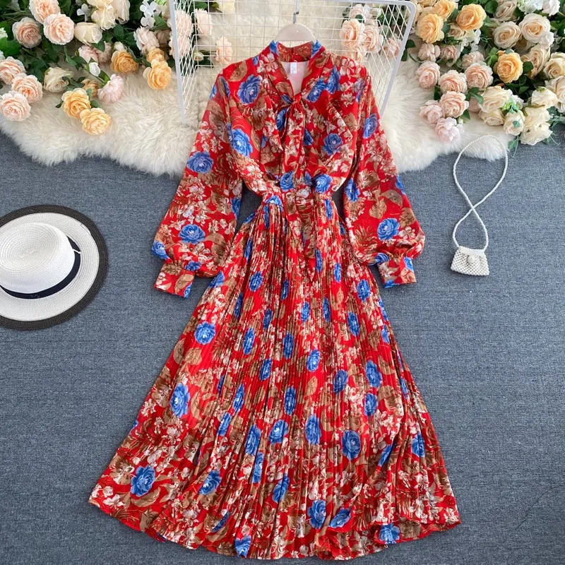 Women Floral Long Dress Spring Summer Korean Style Stand Collar Lantern Sleeve Chiffon Dress - WD8110