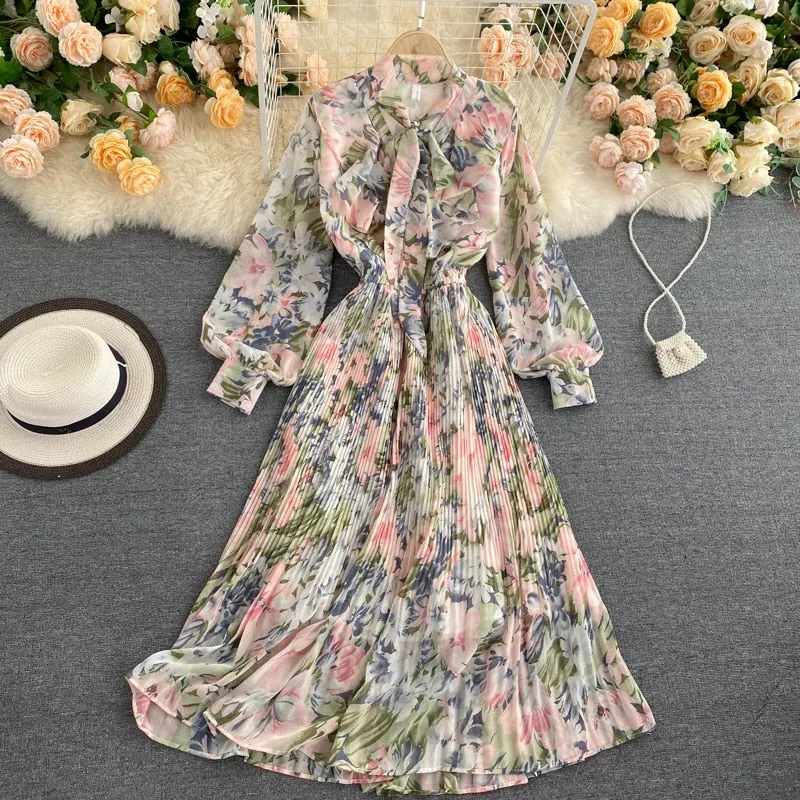 Women Floral Long Dress Spring Summer Korean Style Stand Collar Lantern Sleeve Chiffon Dress - WD8110