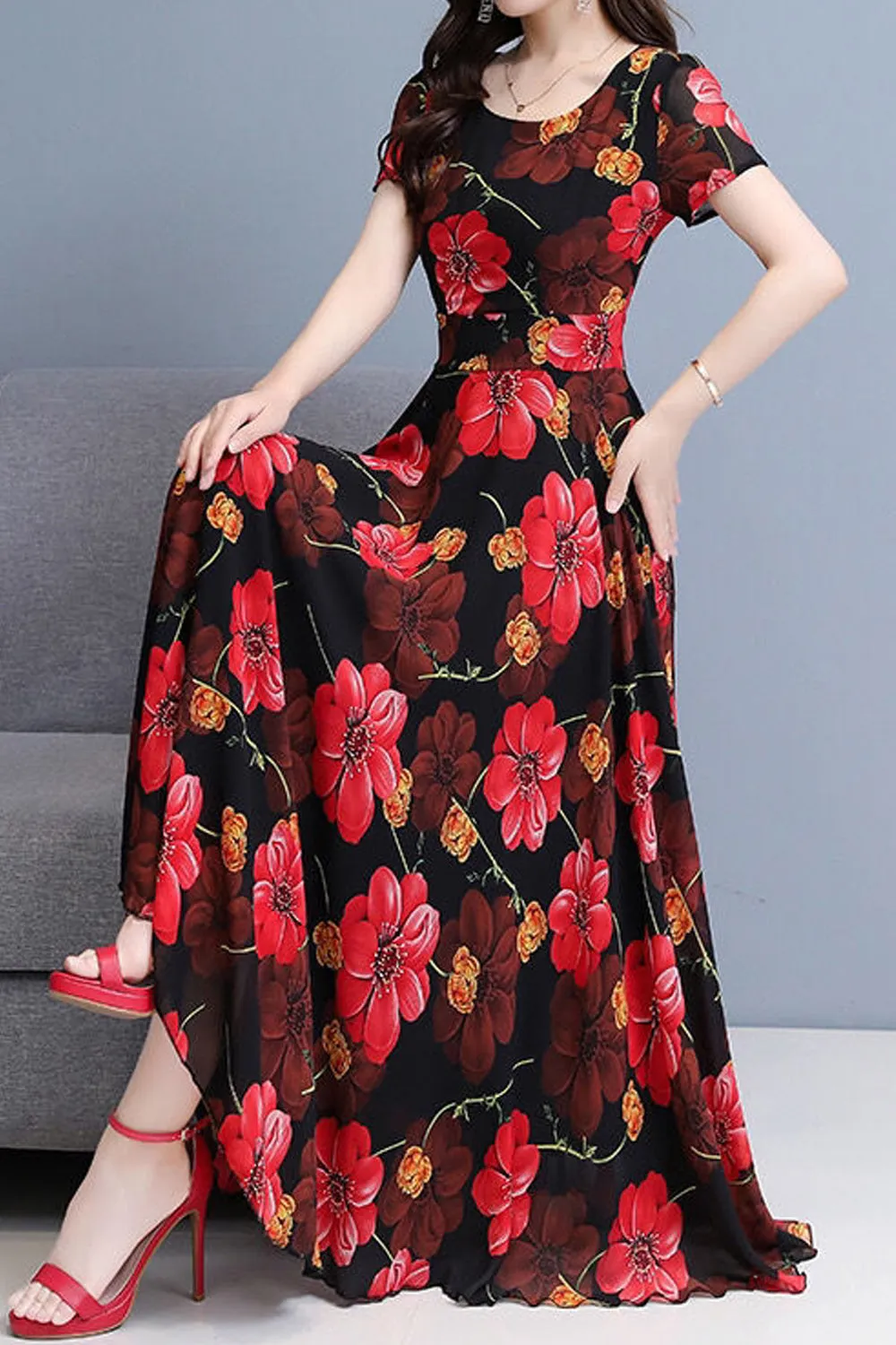 Women Lovely Long Length Short Sleeve Chiffon Round Neck Summer Printed Pattern Wonderful Dress - C8976TCD