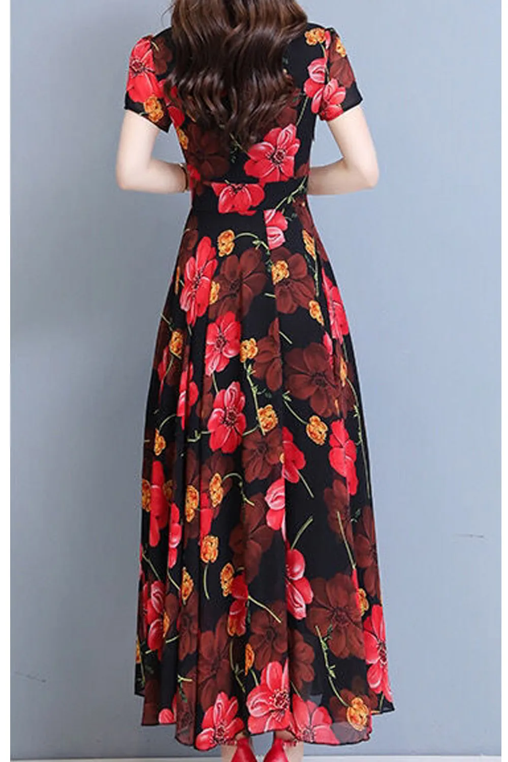 Women Lovely Long Length Short Sleeve Chiffon Round Neck Summer Printed Pattern Wonderful Dress - C8976TCD