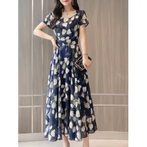 Women Lovely Long Length Short Sleeve Chiffon Round Neck Summer Printed Pattern Wonderful Dress - C8976TCD
