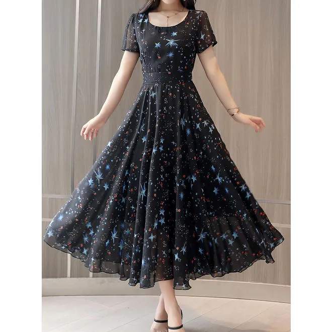 Women Lovely Long Length Short Sleeve Chiffon Round Neck Summer Printed Pattern Wonderful Dress - C8976TCD