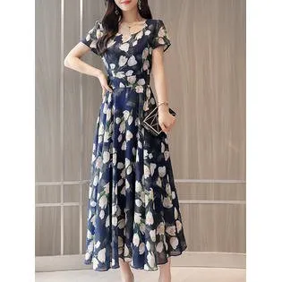 Women Lovely Long Length Short Sleeve Chiffon Round Neck Summer Printed Pattern Wonderful Dress - C8976TCD