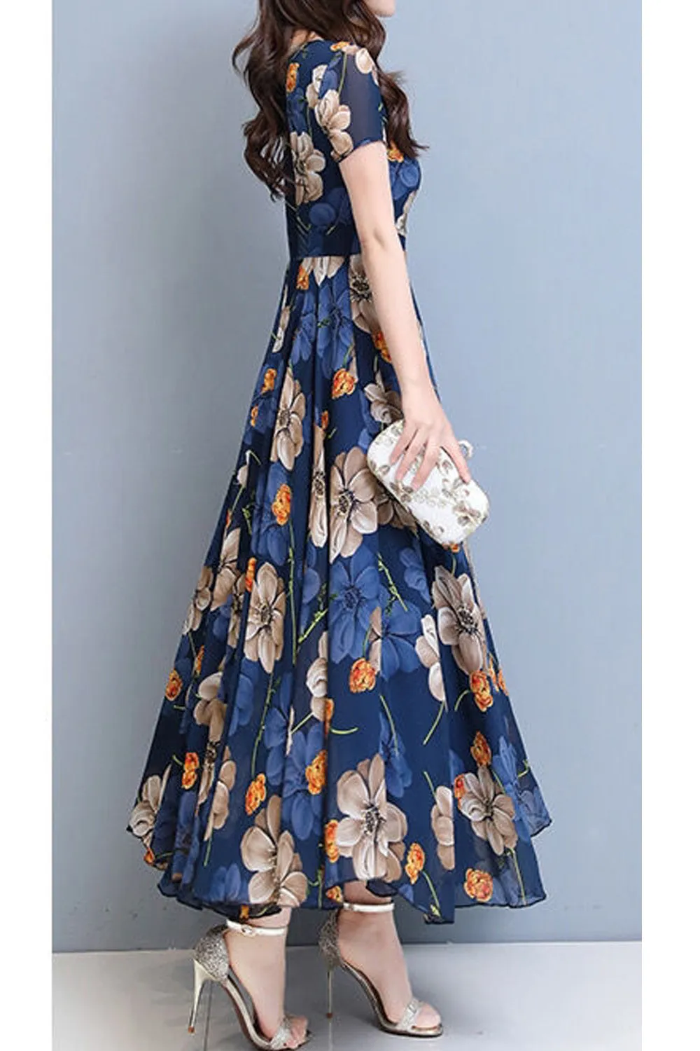 Women Lovely Long Length Short Sleeve Chiffon Round Neck Summer Printed Pattern Wonderful Dress - C8976TCD