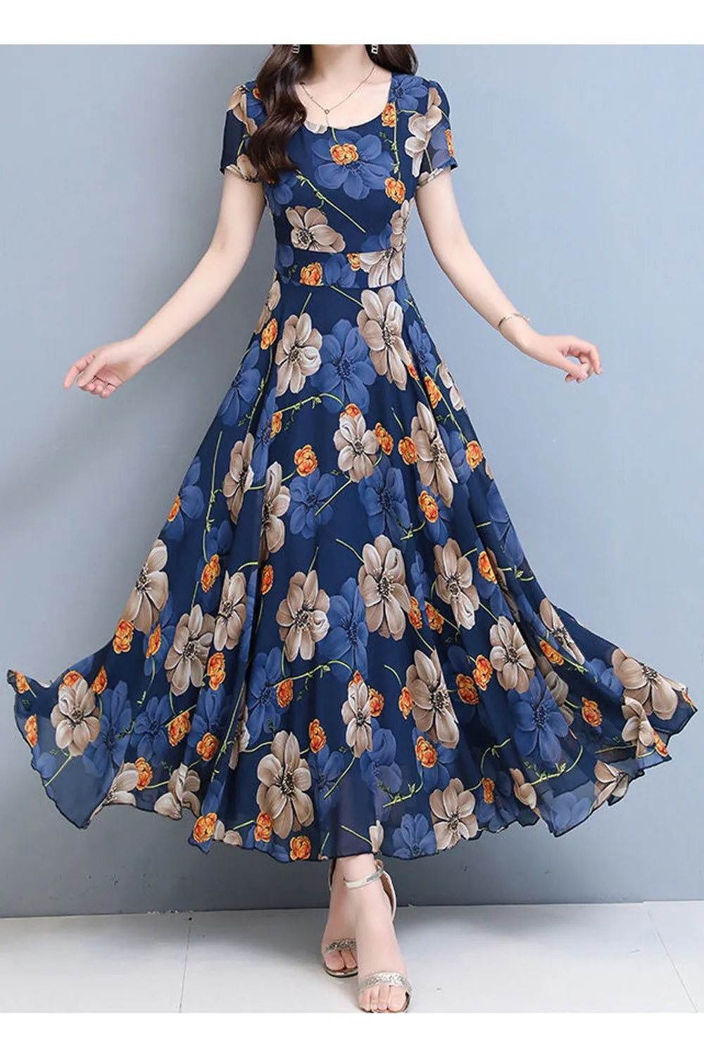 Women Lovely Long Length Short Sleeve Chiffon Round Neck Summer Printed Pattern Wonderful Dress - C8976TCD