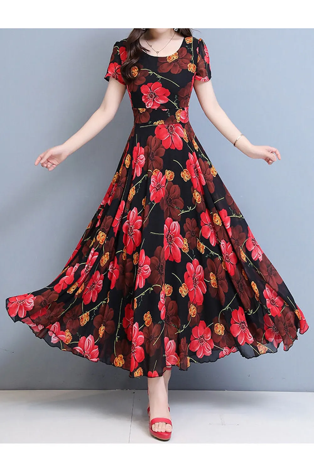Women Lovely Long Length Short Sleeve Chiffon Round Neck Summer Printed Pattern Wonderful Dress - C8976TCD