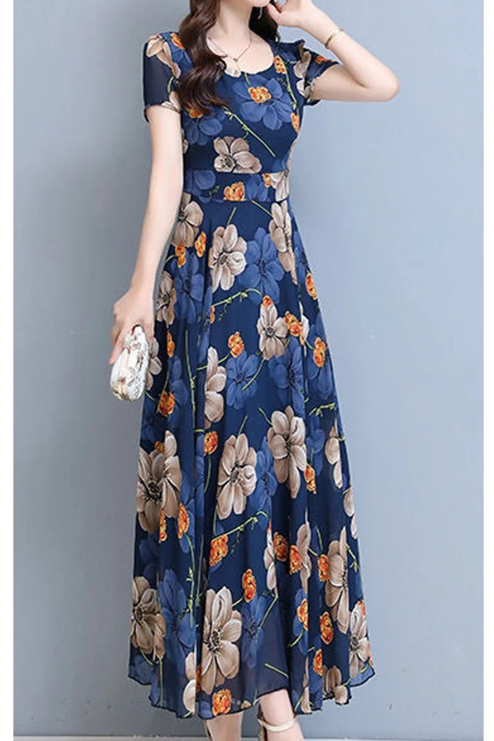 Women Lovely Long Length Short Sleeve Chiffon Round Neck Summer Printed Pattern Wonderful Dress - C8976TCD