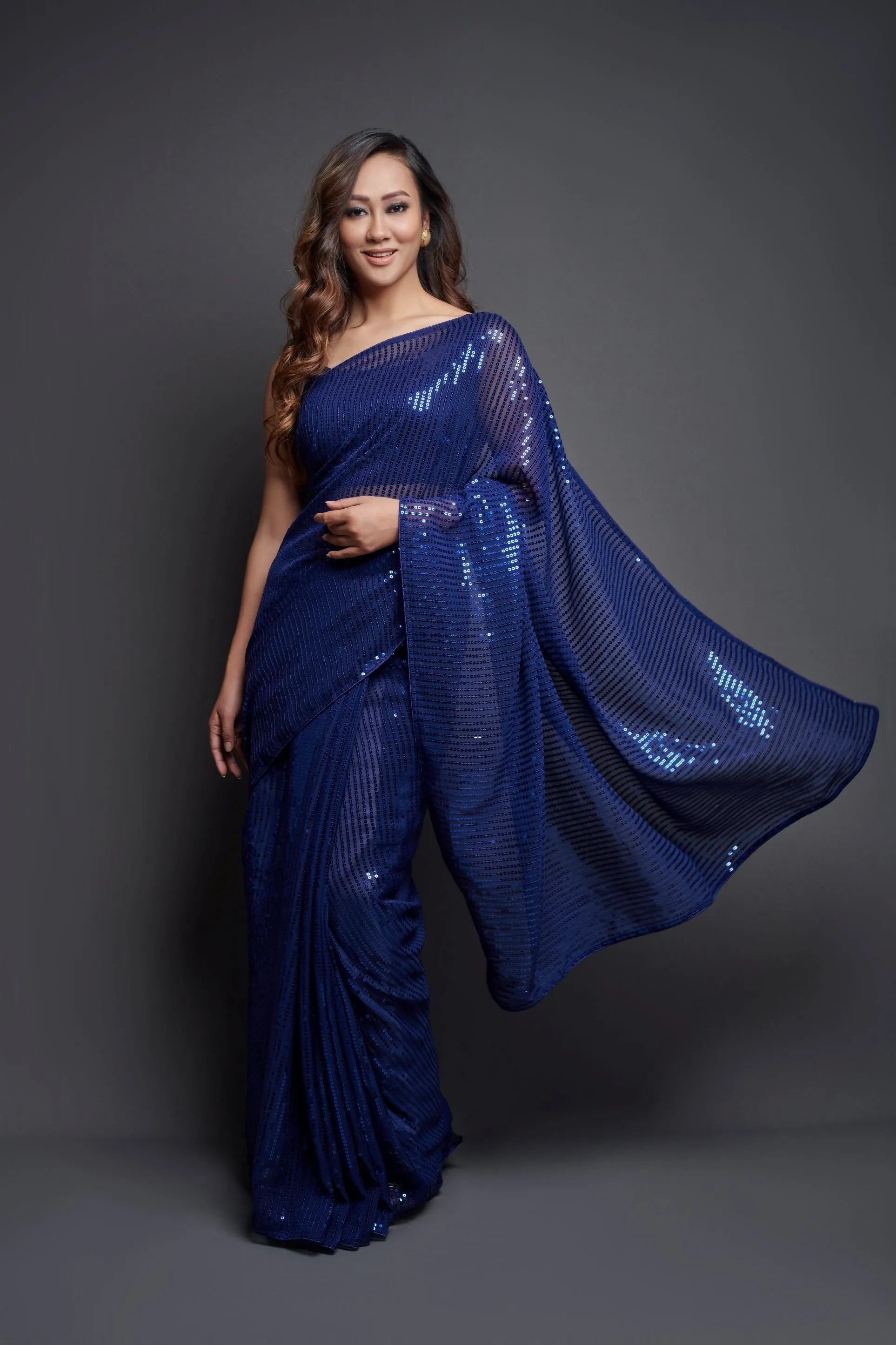 Women Party Wear Designer Blue Colour Heavy Georgette Fabric Sequence Embroidery Worked Saree Collection