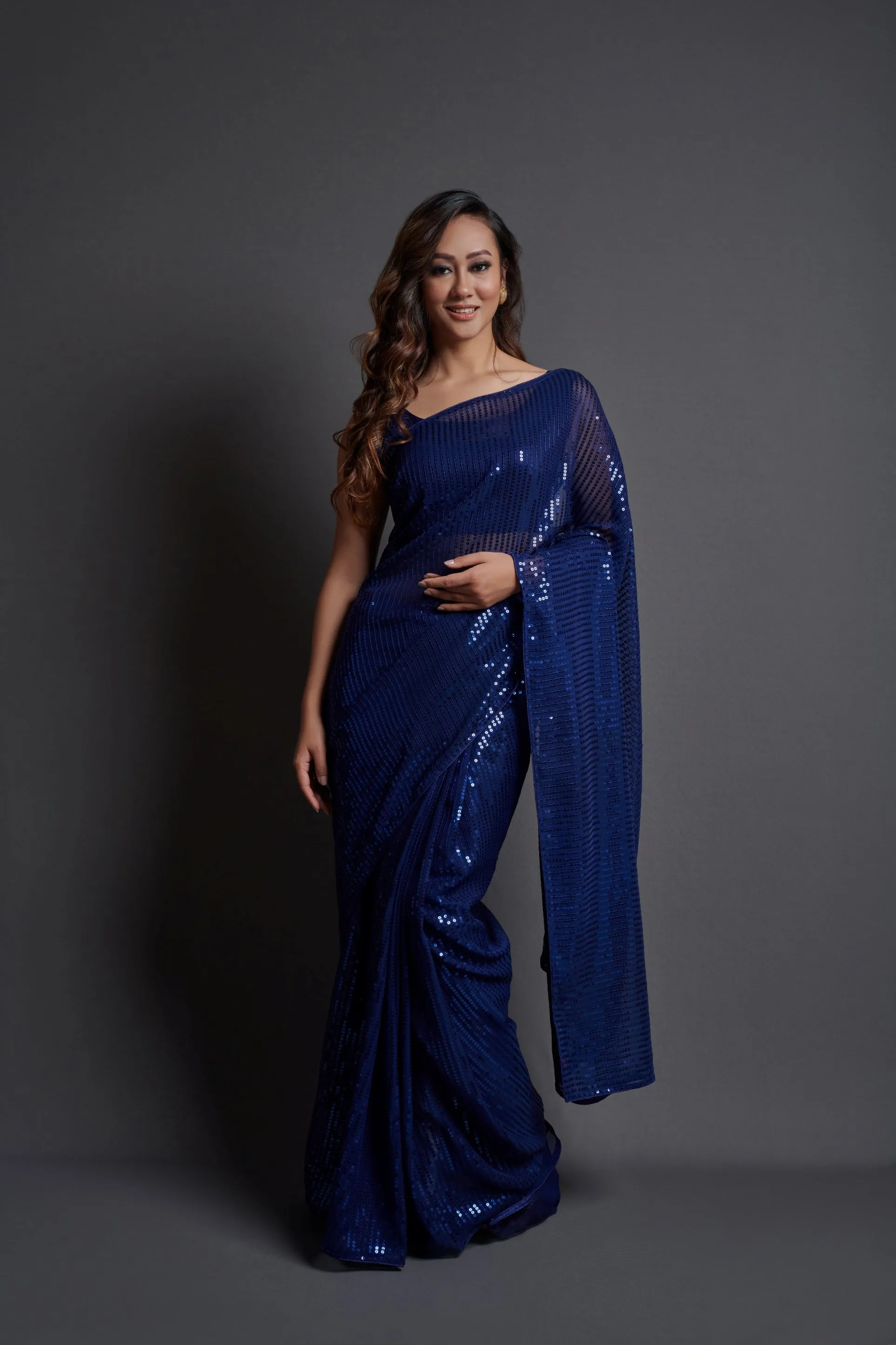 Women Party Wear Designer Blue Colour Heavy Georgette Fabric Sequence Embroidery Worked Saree Collection