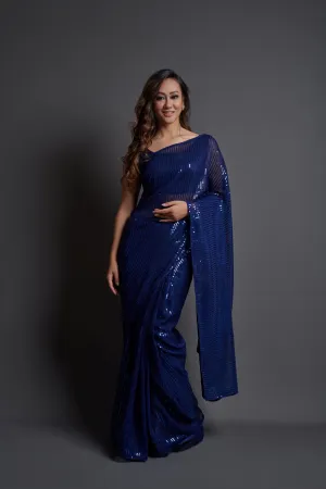 Women Party Wear Designer Blue Colour Heavy Georgette Fabric Sequence Embroidery Worked Saree Collection