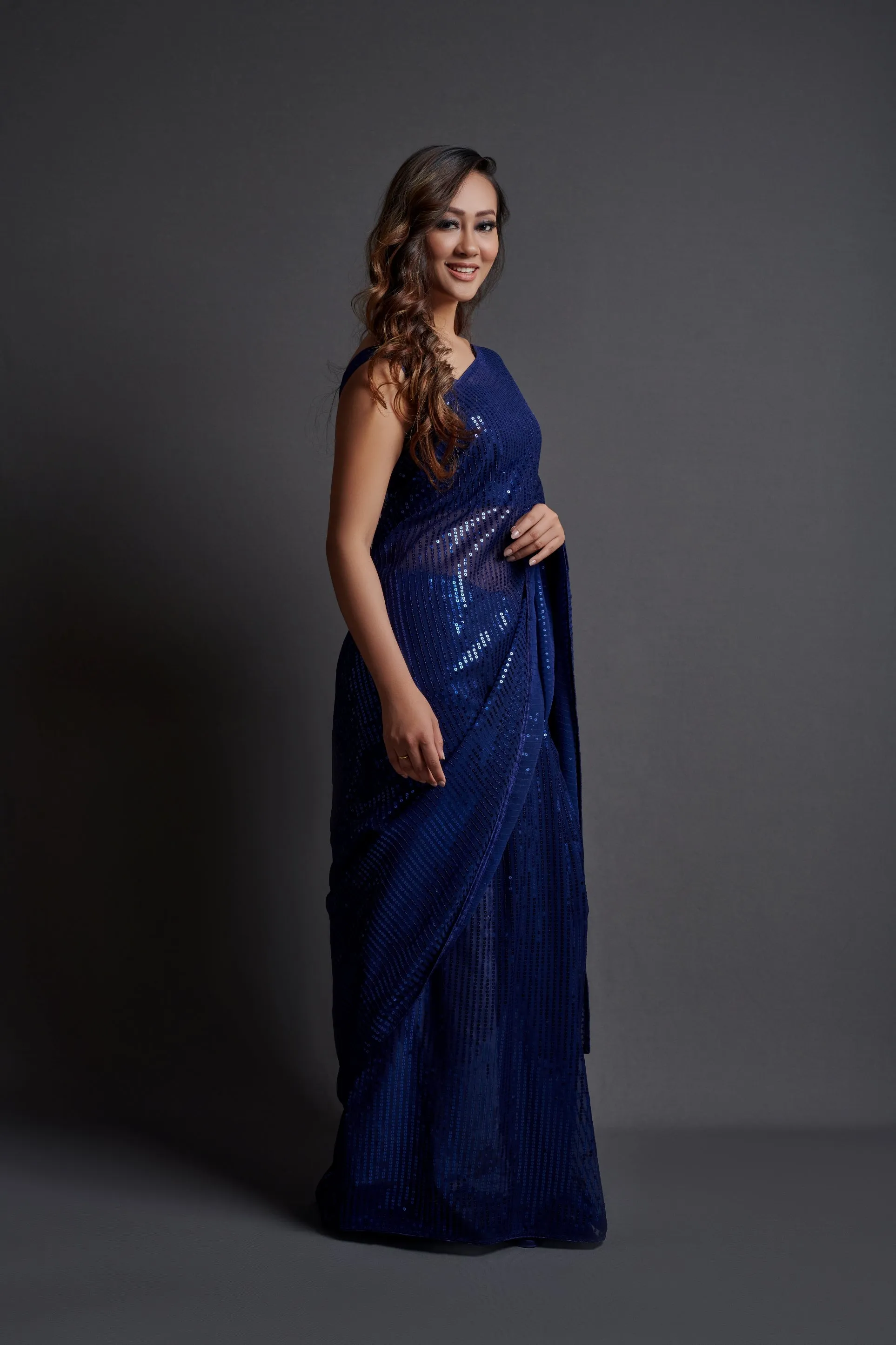 Women Party Wear Designer Blue Colour Heavy Georgette Fabric Sequence Embroidery Worked Saree Collection