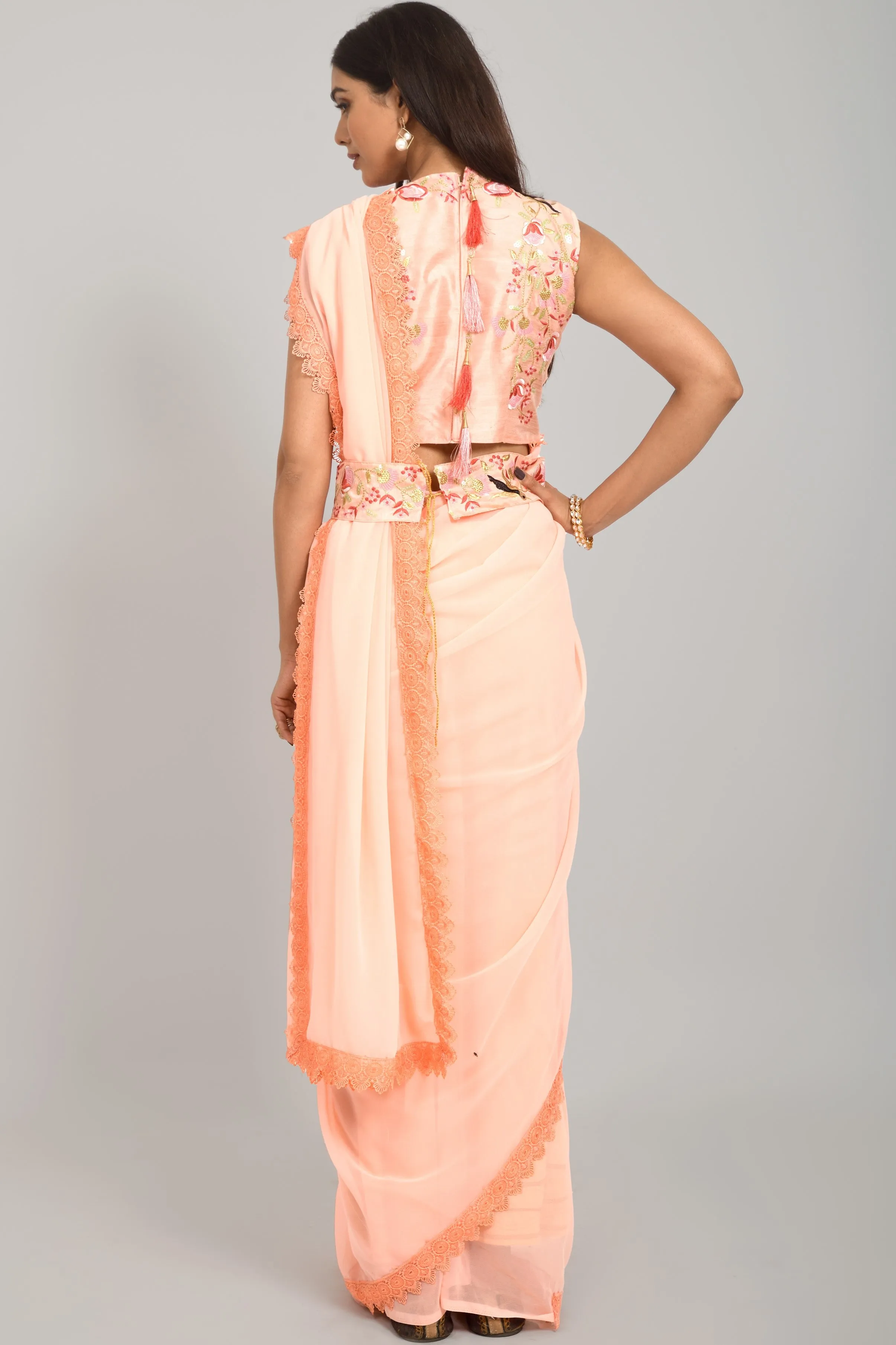 Women Party Wear Designer Peach Colour Georgette Silk Fabric Sequence Embroidery Worked Saree Collection