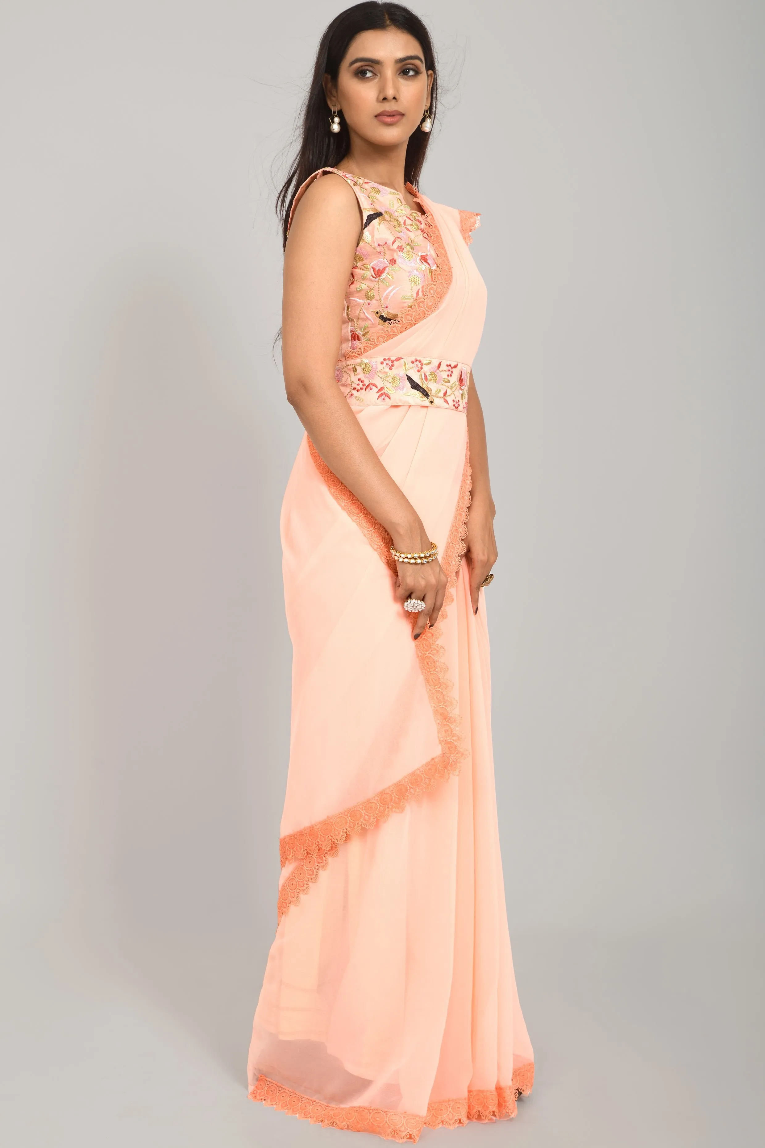 Women Party Wear Designer Peach Colour Georgette Silk Fabric Sequence Embroidery Worked Saree Collection