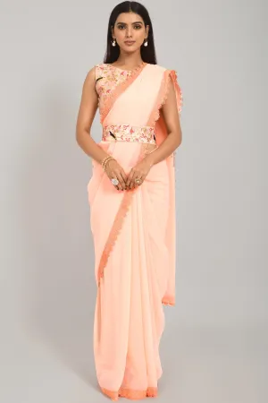 Women Party Wear Designer Peach Colour Georgette Silk Fabric Sequence Embroidery Worked Saree Collection