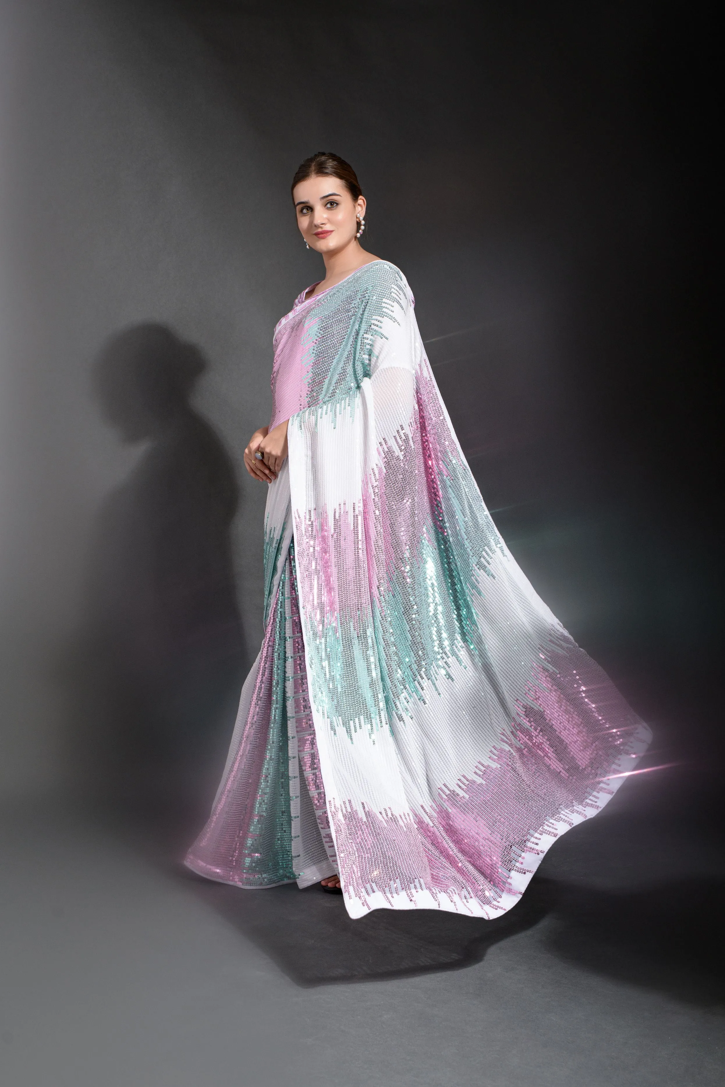 Women Party Wear Designer Pink Colour Heavy Georgette Fabric Sequence Embroidery Worked Saree Collection