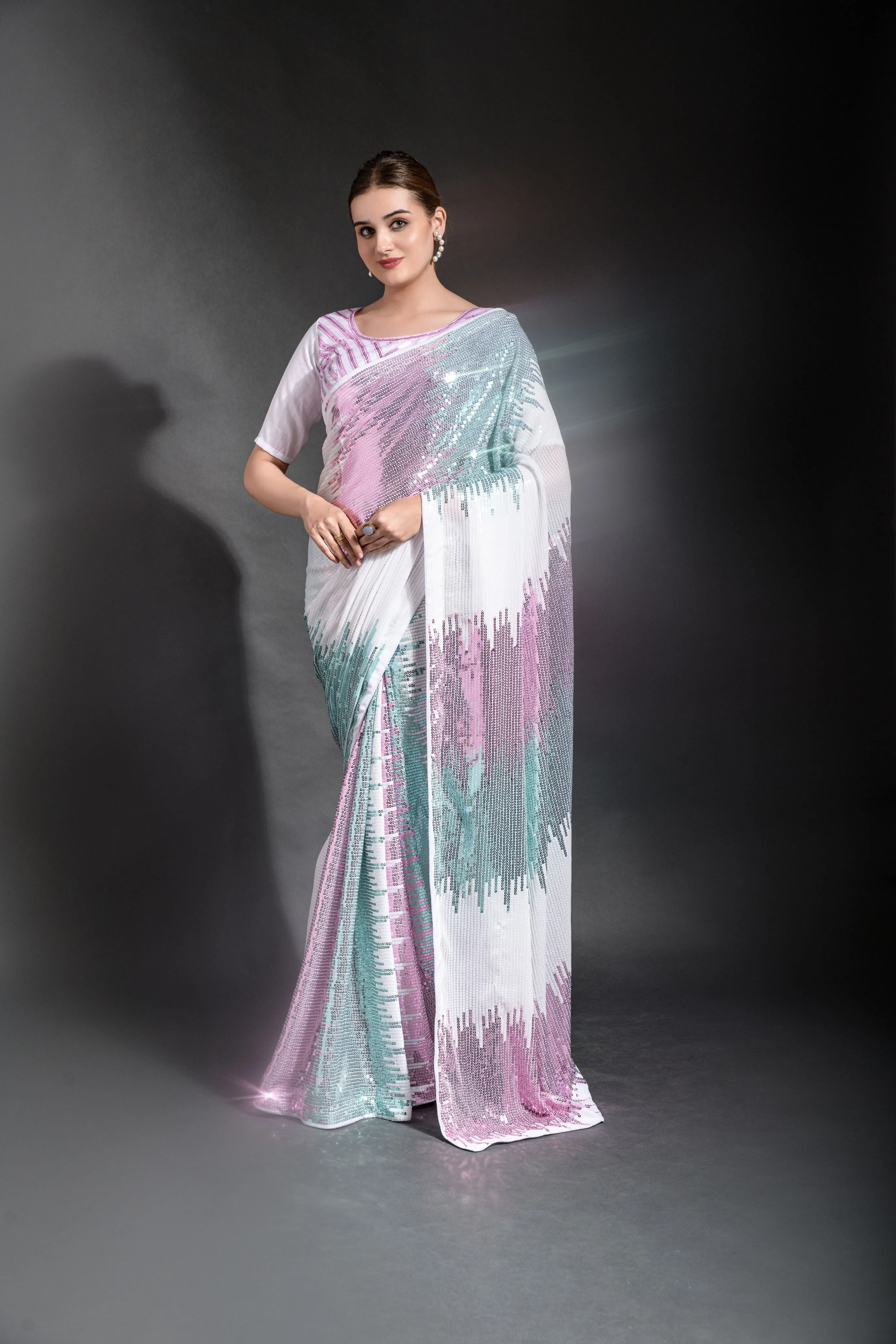 Women Party Wear Designer Pink Colour Heavy Georgette Fabric Sequence Embroidery Worked Saree Collection