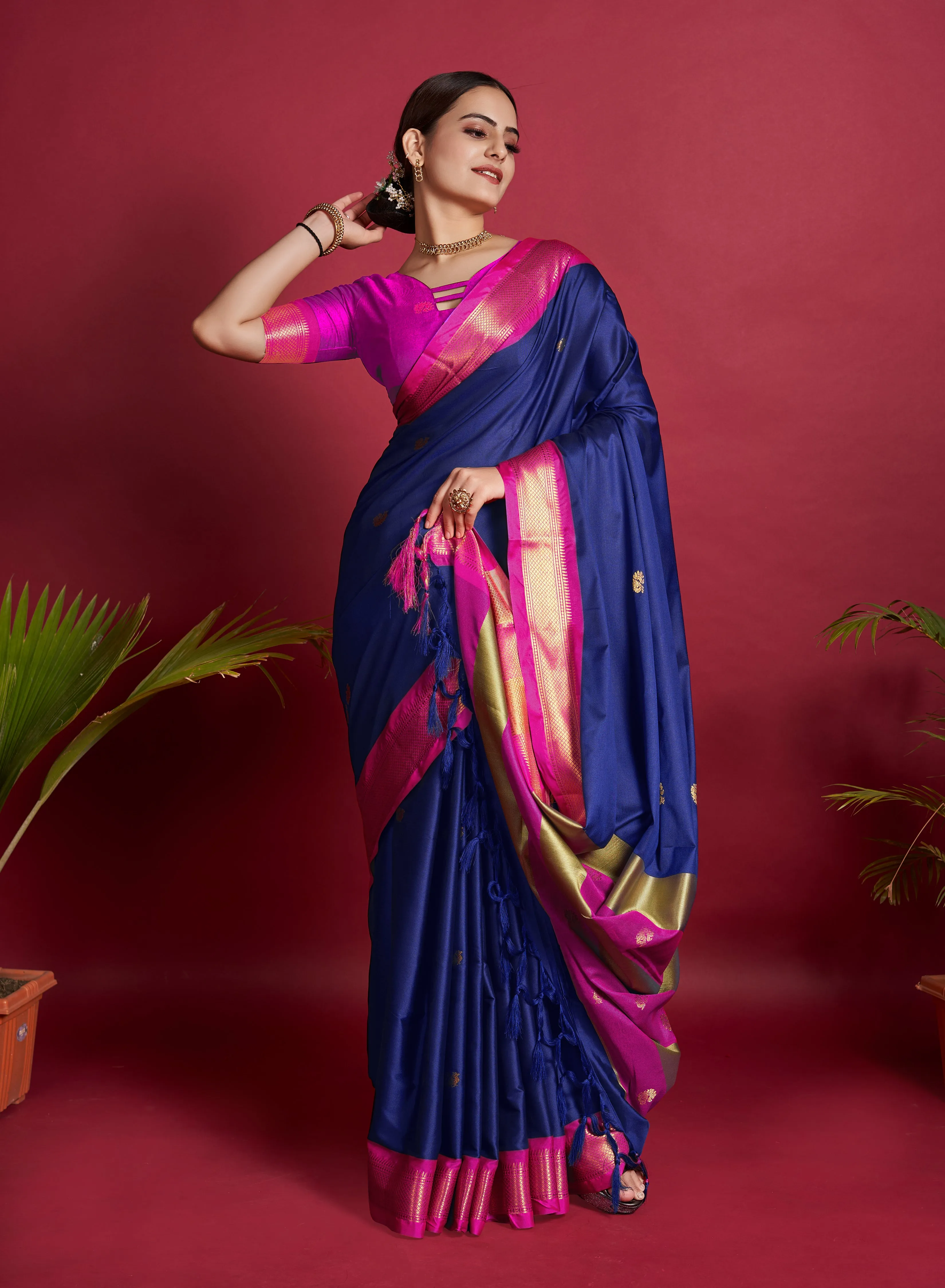 Women Party Wear Plain Banarasi Silk Blue colour Saree with Zari Border Work