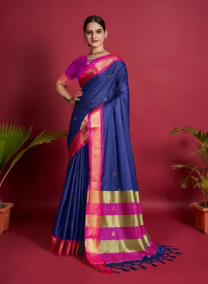 Women Party Wear Plain Banarasi Silk Blue colour Saree with Zari Border Work