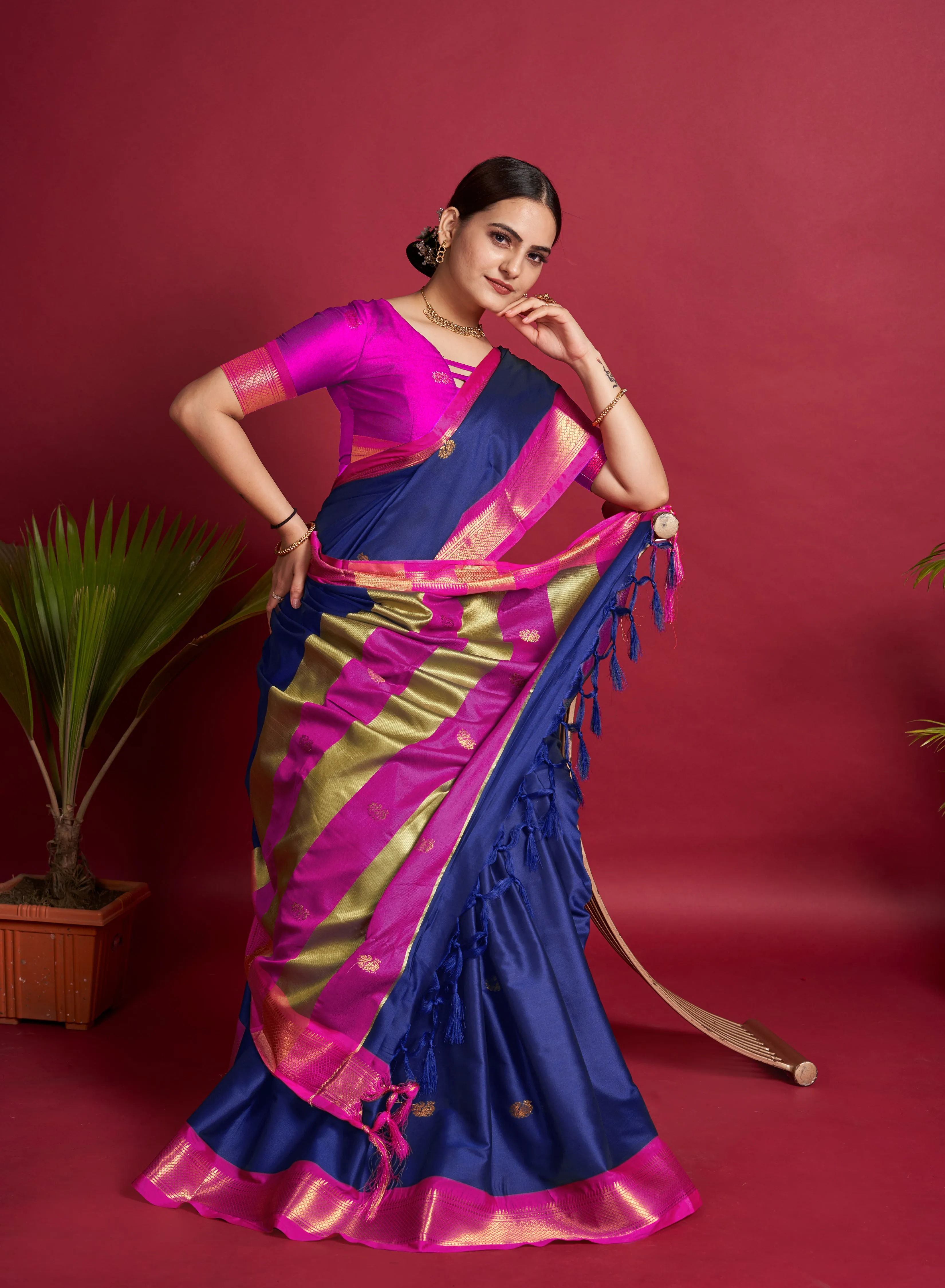 Women Party Wear Plain Banarasi Silk Blue colour Saree with Zari Border Work