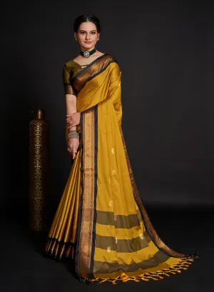 Women Party Wear Plain Banarasi Silk Yellow colour Saree with Zari Border Work