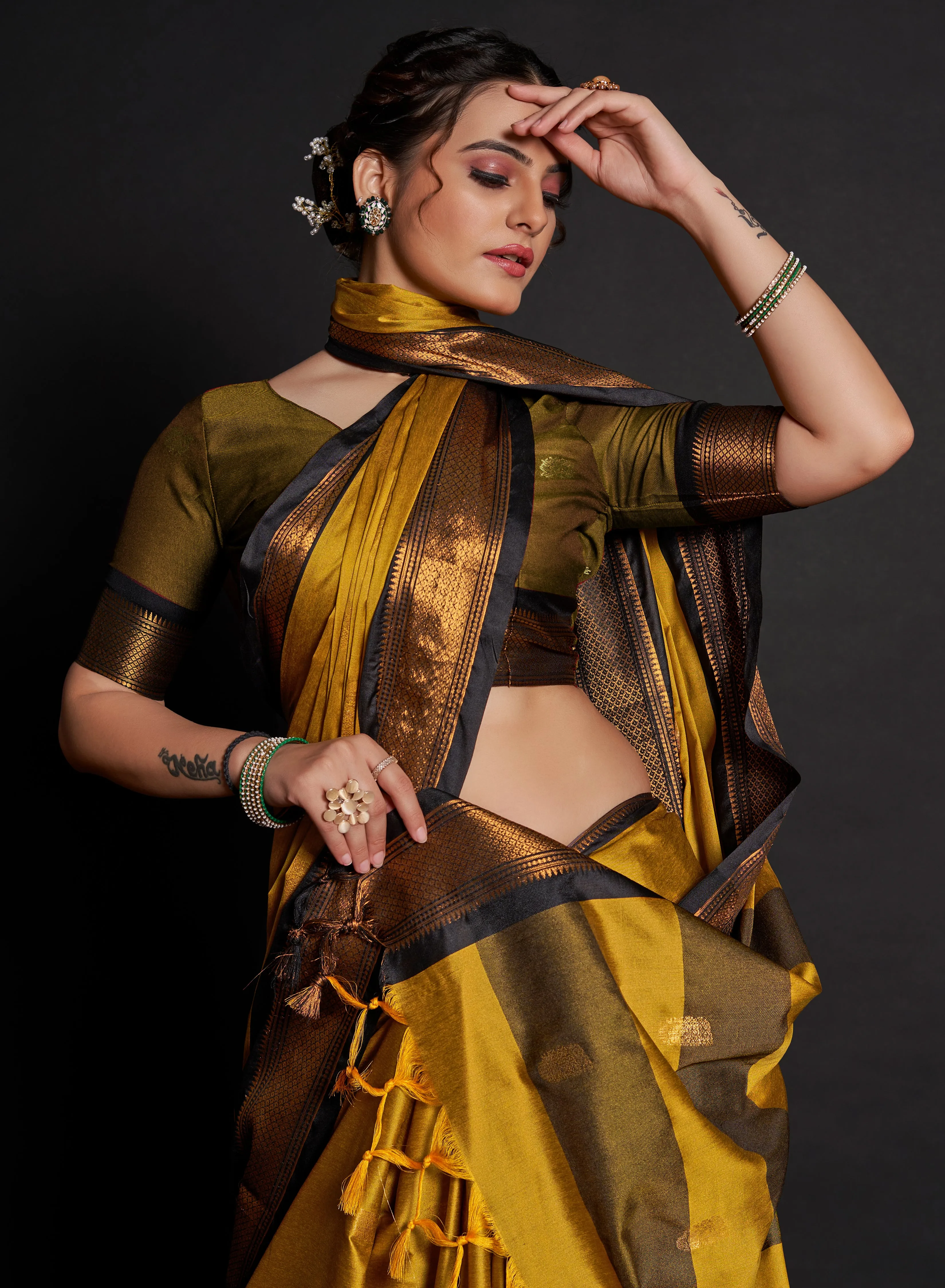 Women Party Wear Plain Banarasi Silk Yellow colour Saree with Zari Border Work