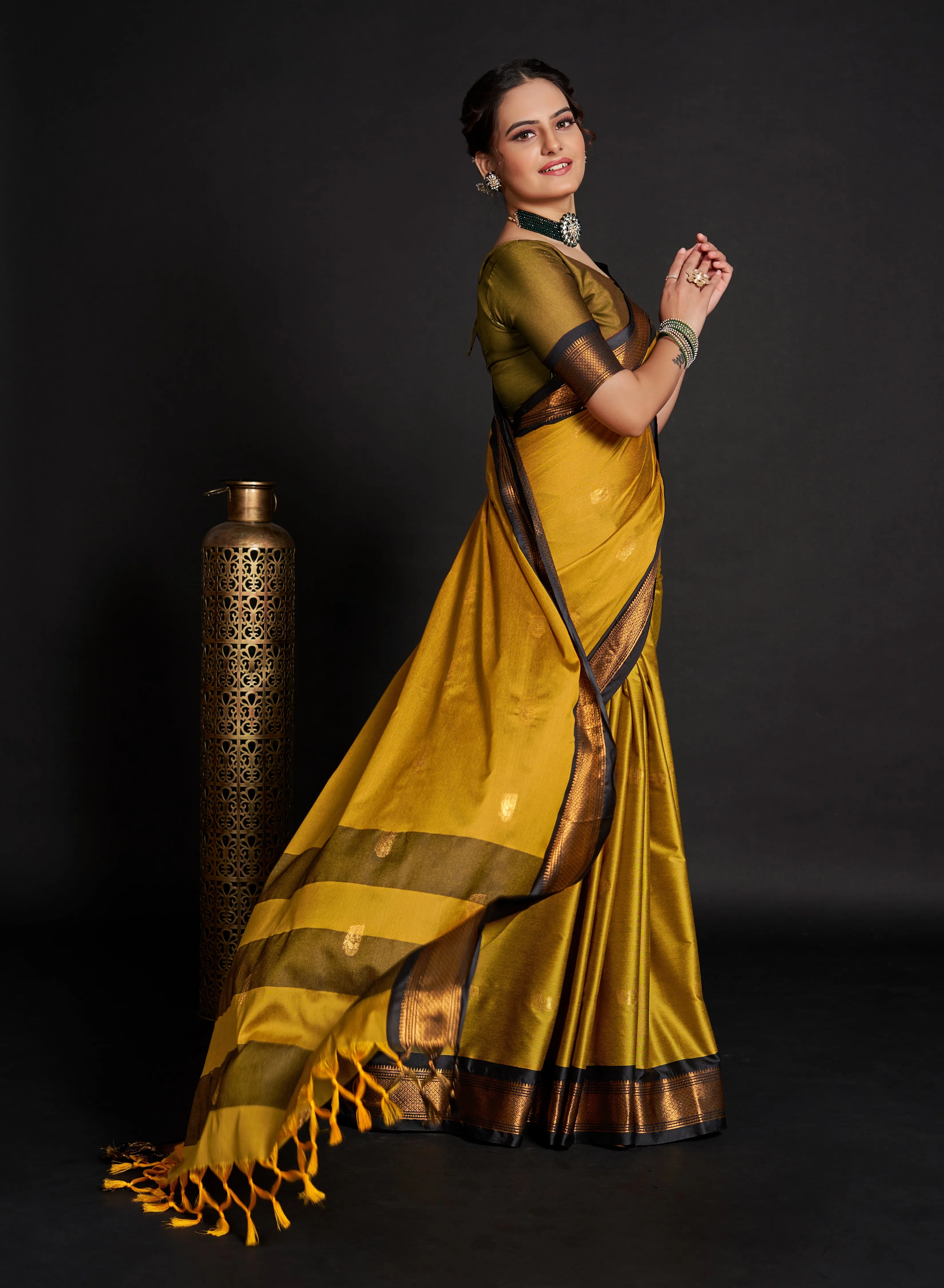 Women Party Wear Plain Banarasi Silk Yellow colour Saree with Zari Border Work
